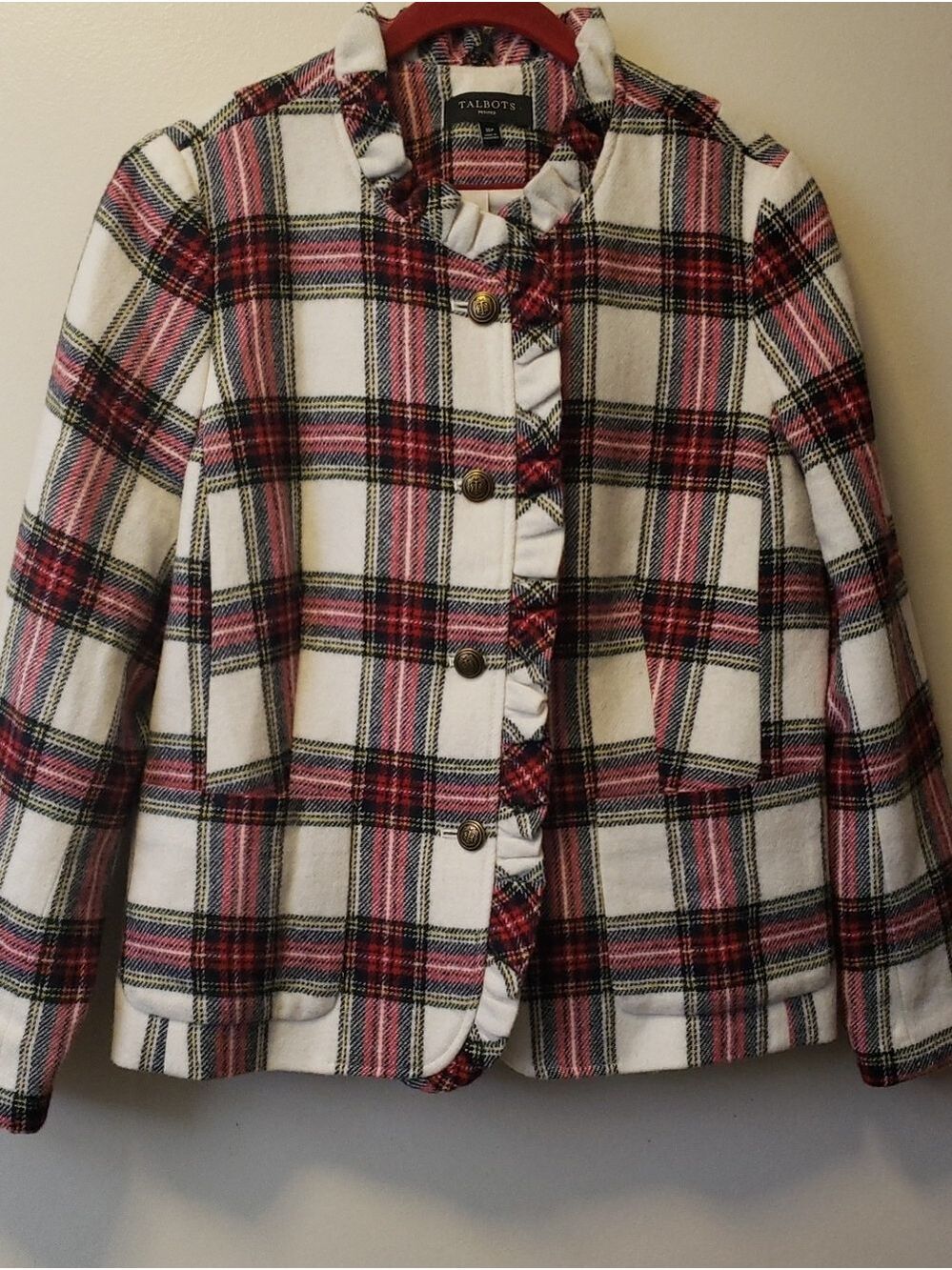 Talbots White Plaid Jacket with Ruffle Trim & Beautiful Buttons
